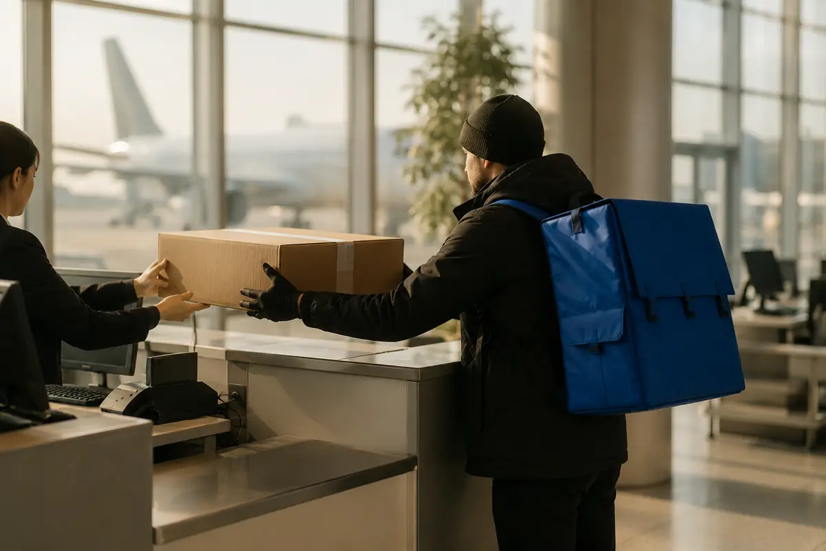 Kurier übergibt eine Sendung an einem Frachtschalter am Flughafen