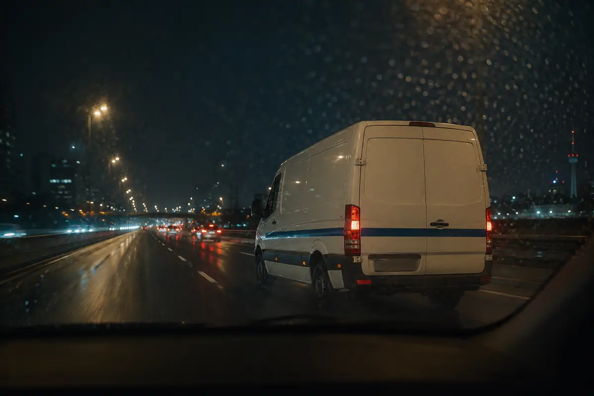 Transporter bei Nacht auf einer Autobahn mit Lichtspuren
